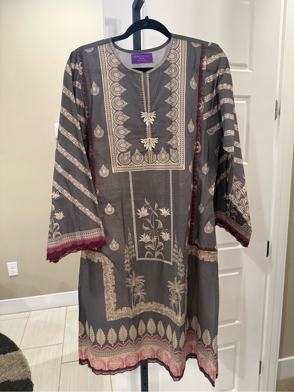 Sana Safinaz Grey Embroidered Long Sleeve Dress with Maroon Trim